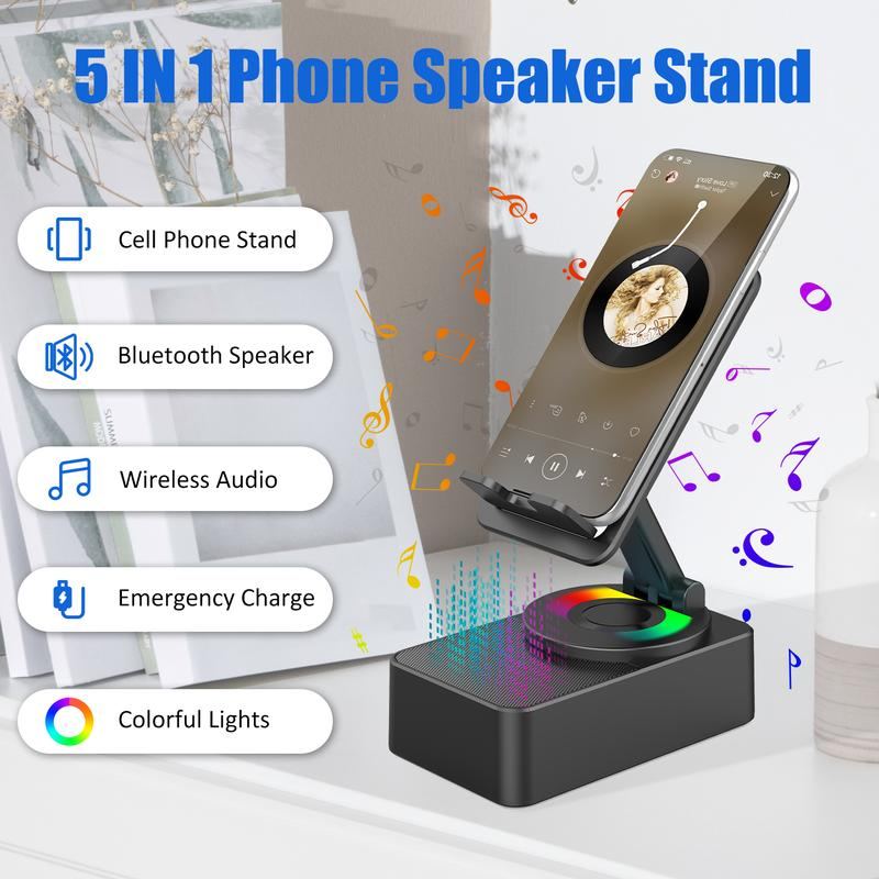 5 IN 1 Bluetooth Speaker Phone Stand With Colorful Lights – 360° Rotating Foldable Charger For Tablets & Smartphones