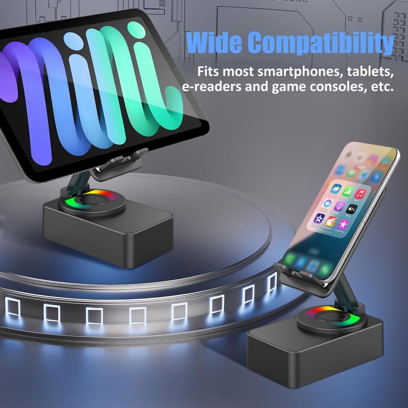 5 IN 1 Bluetooth Speaker Phone Stand With Colorful Lights – 360° Rotating Foldable Charger For Tablets & Smartphones