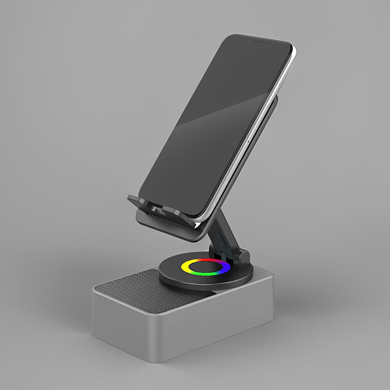 5 IN 1 Bluetooth Speaker Phone Stand With Colorful Lights – 360° Rotating Foldable Charger For Tablets & Smartphones