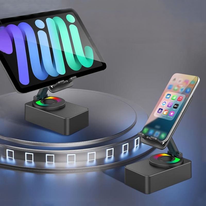 ChubbyVibe GrooveStation™ - 5-in-1 Rotating Speaker with BeatSync Lights & Foldable Charging Stand