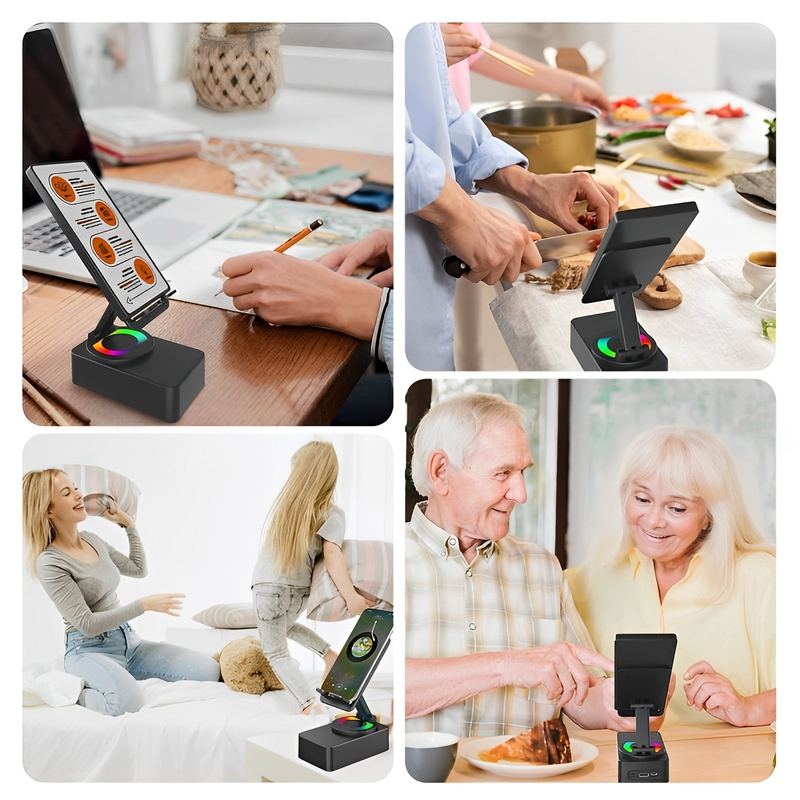 5 IN 1 Bluetooth Speaker Phone Stand With Colorful Lights – 360° Rotating Foldable Charger For Tablets & Smartphones