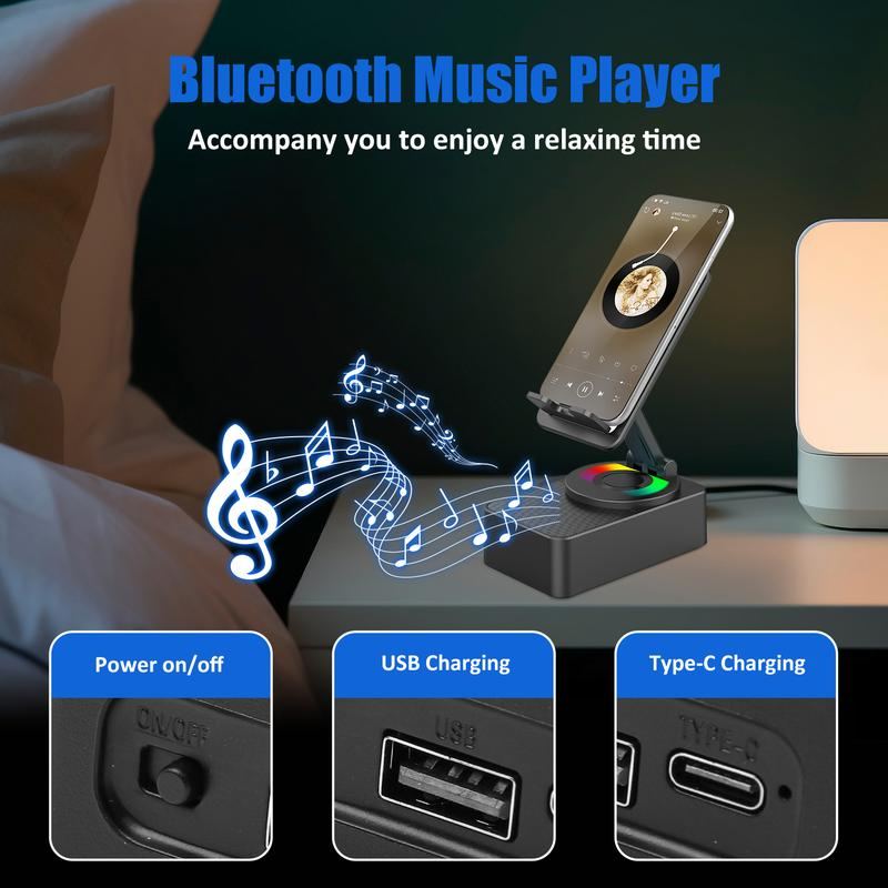 5 IN 1 Bluetooth Speaker Phone Stand With Colorful Lights – 360° Rotating Foldable Charger For Tablets & Smartphones
