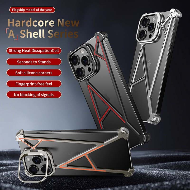 A-Series Metal Borderless Shockproof Case with Adjustable Lens Stand for iPhone