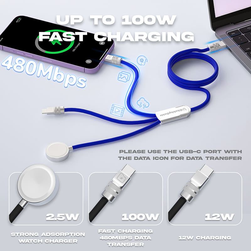 ChubbyCable Tri-Flex™: 100W 3-in-1 Fast Charging Cable with Soft Silicone & Apple Watch Charger