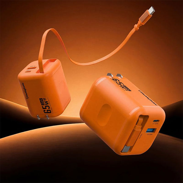 Two 65W GaN orange chargers showing design and retractable cable mechanism.