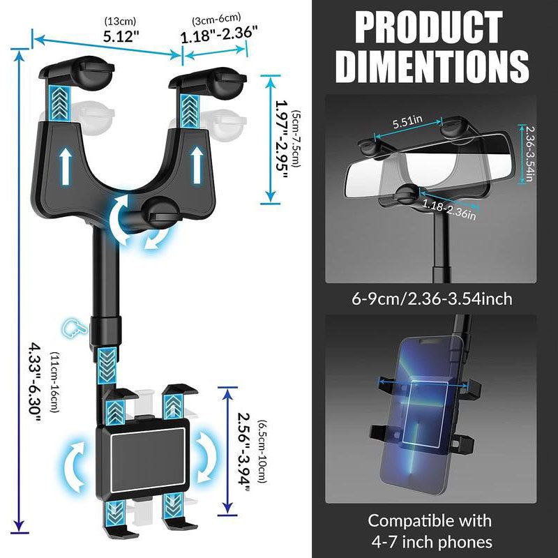ChubbyDrive GyroGrip - 360° Retractable Phone Mount for Car - Rearview Mirror Safe Navigation