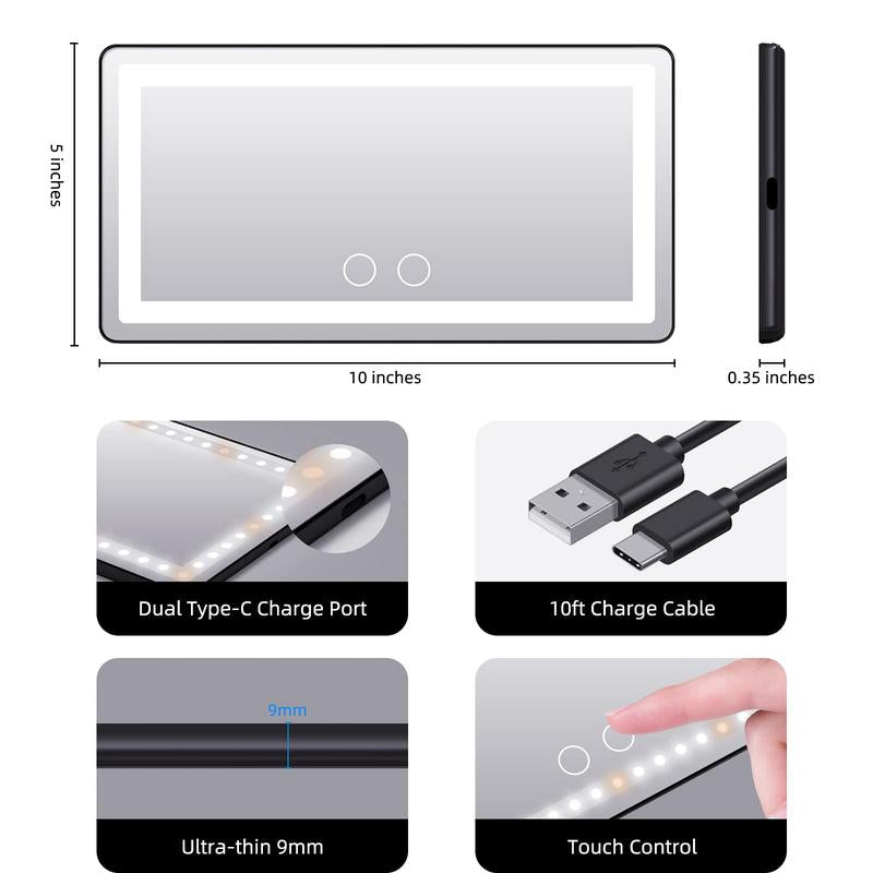 ChubbyGlow VanityBeam - USB-C Rechargeable LED Makeup Mirror with 3 Light Modes - Car & Travel Essential