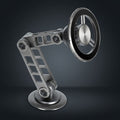Brushed metal mechanical phone mount with articulated joints.