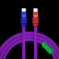 Purple silicone dual USB-C cable with red and blue metal connectors.