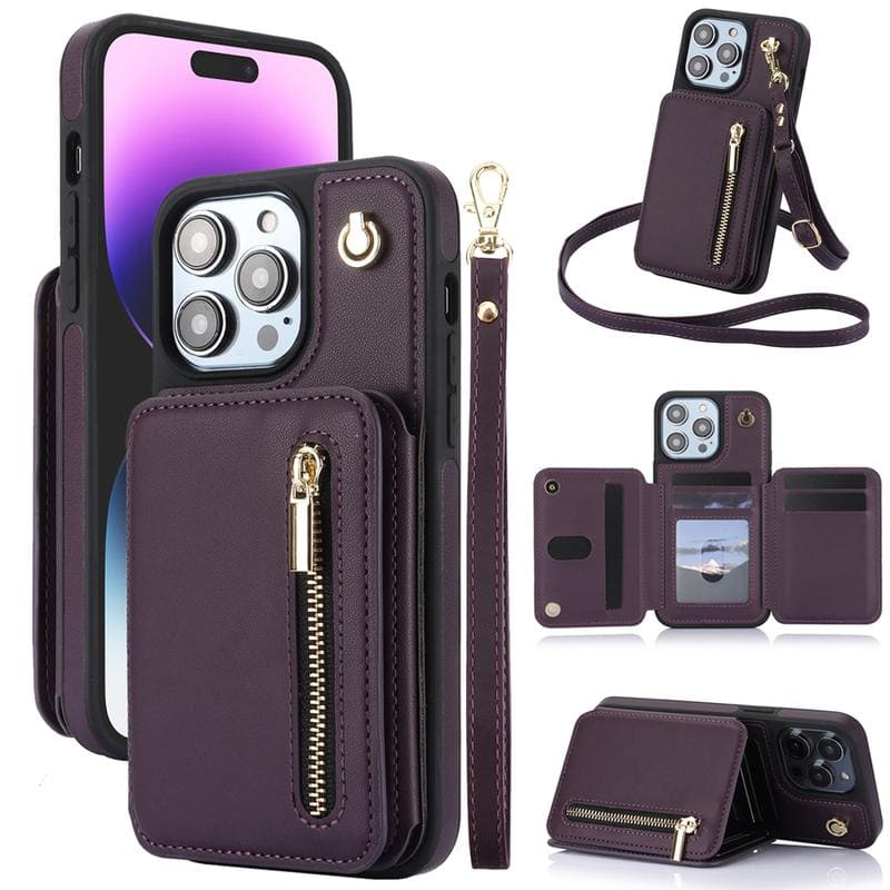 Leather RFID Wallet Case with Card Holder & Strap for iPhone