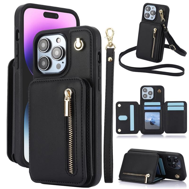 Leather RFID Wallet Case with Card Holder & Strap for iPhone