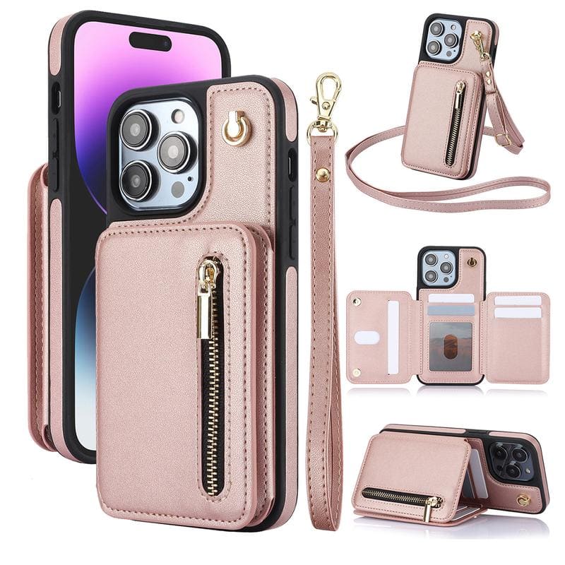 Leather RFID Wallet Case with Card Holder & Strap for iPhone