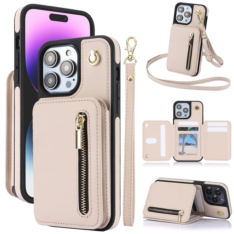 Leather RFID Wallet Case with Card Holder & Strap for iPhone