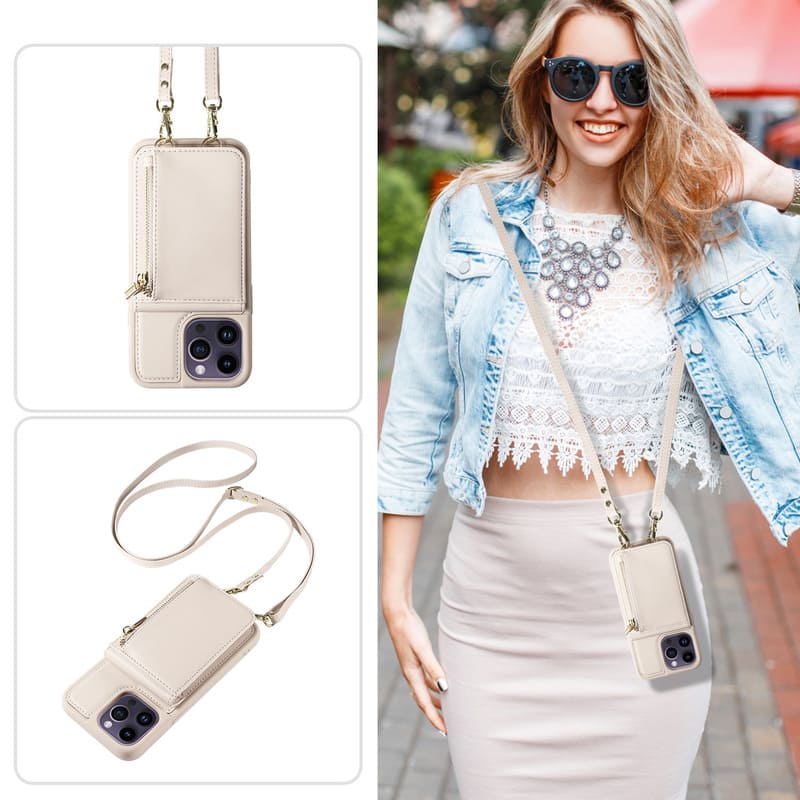 Leather RFID Wallet Case with Card Holder & Strap for iPhone