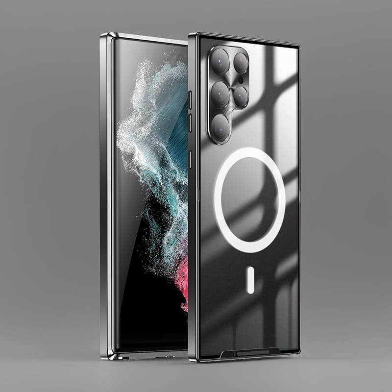 MagSafe Metal Frame Phone Case with Matte PC Back, Safety Lock, and Glass Camera Lens Protector