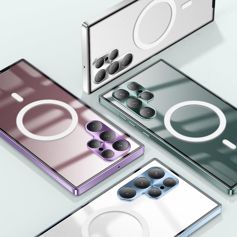 MagSafe Metal Frame Phone Case with Matte PC Back, Safety Lock, and Glass Camera Lens Protector