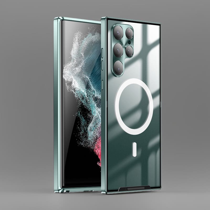 MagSafe Metal Frame Phone Case with Matte PC Back, Safety Lock, and Glass Camera Lens Protector