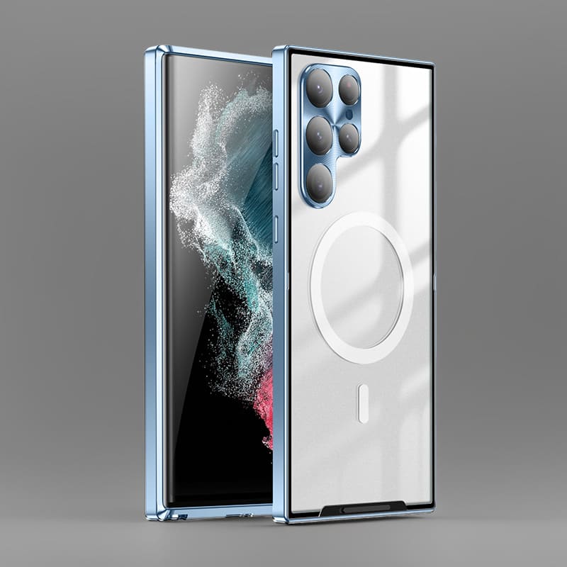 MagSafe Metal Frame Phone Case with Matte PC Back, Safety Lock, and Glass Camera Lens Protector