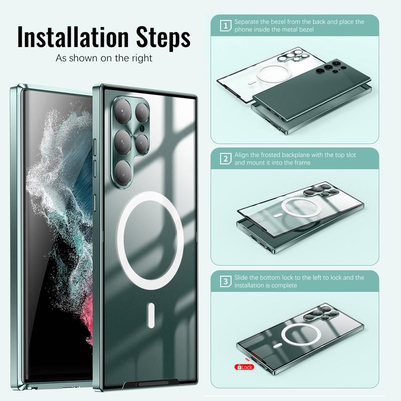 MagSafe Metal Frame Phone Case with Matte PC Back, Safety Lock, and Glass Camera Lens Protector