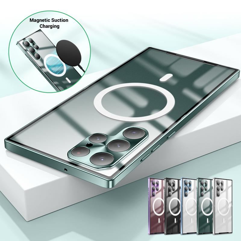 MagSafe Metal Frame Phone Case with Matte PC Back, Safety Lock, and Glass Camera Lens Protector