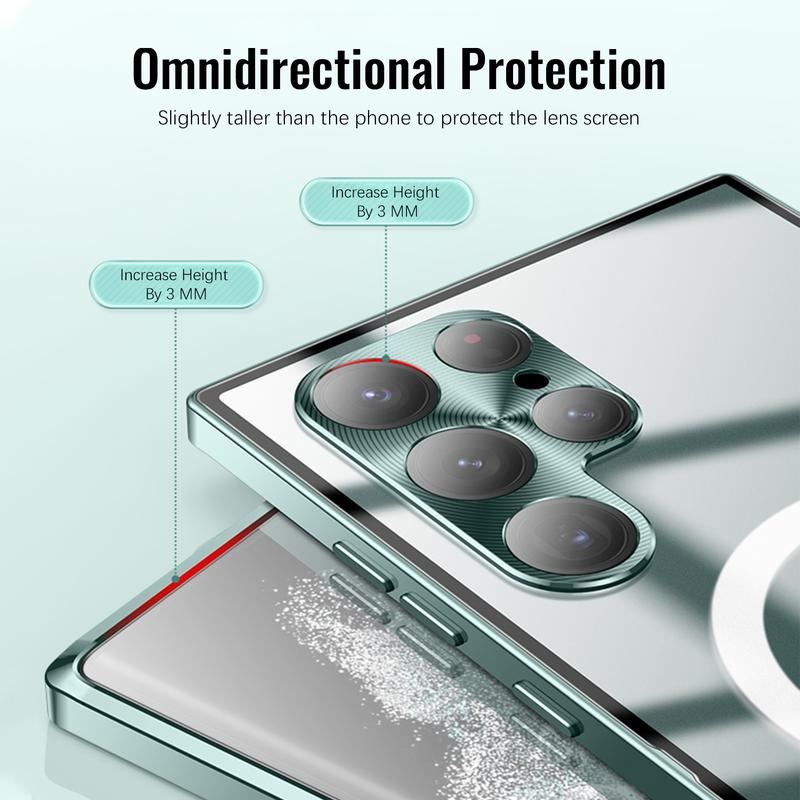 MagSafe Metal Frame Phone Case with Matte PC Back, Safety Lock, and Glass Camera Lens Protector