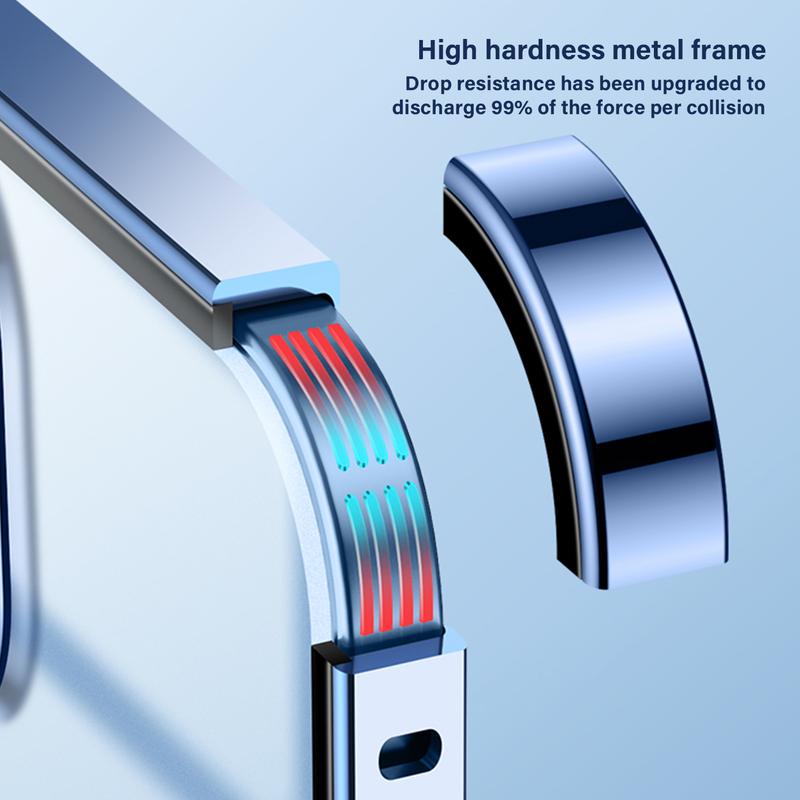 MagSafe Metal Frame Phone Case with Matte PC Back, Safety Lock, and Glass Camera Lens Protector