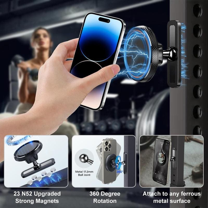 Magnetic Gym Phone Mount – 360° Adjustable, Attaches to Any Metal Surface