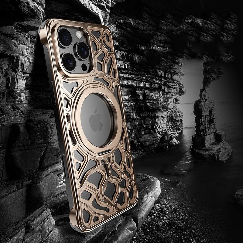 Metal Frameless Hollow Heat Dissipation All-Inclusive Magnetic Stand Mobile Phone Case For iPhone