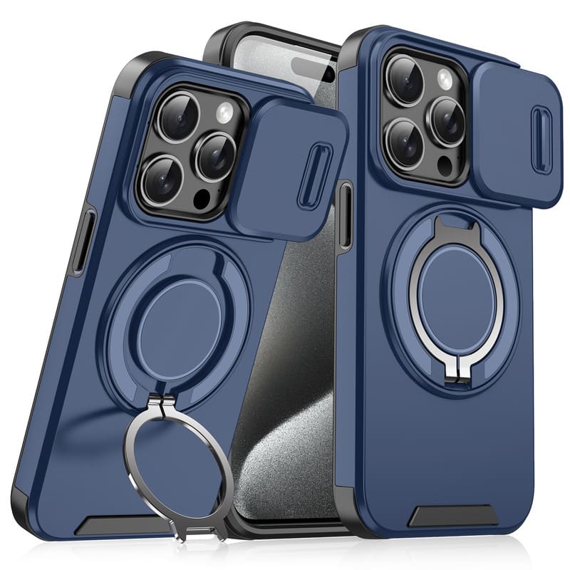 Military-Grade Shockproof Magnetic Case with Camera Slide & 360° Kickstand Ring