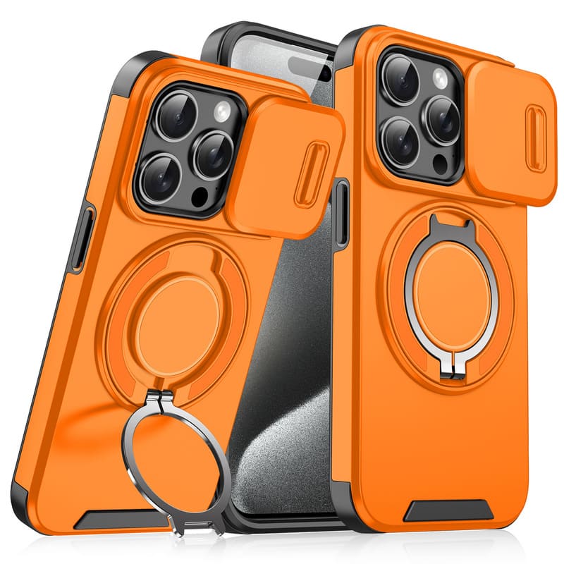Military-Grade Shockproof Magnetic Case with Camera Slide & 360° Kickstand Ring