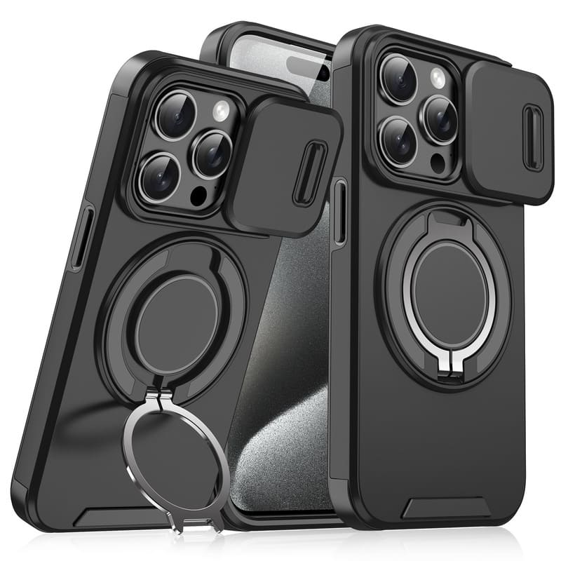 Military-Grade Shockproof Magnetic Case with Camera Slide & 360° Kickstand Ring