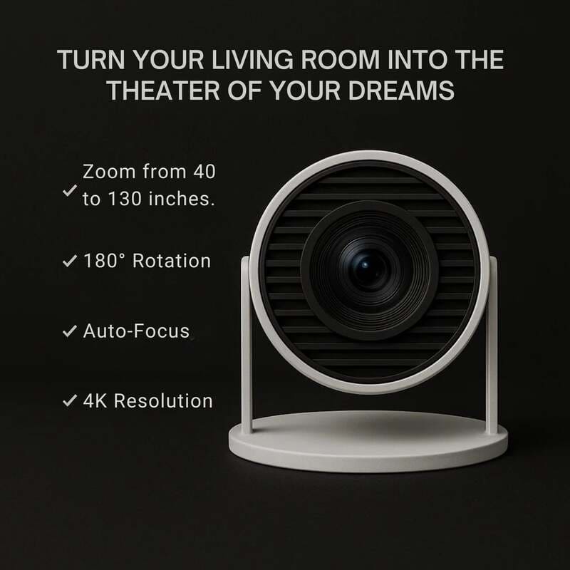 Smart 4K Ultra HD WiFi Projector – Auto Focus & 180° Projection